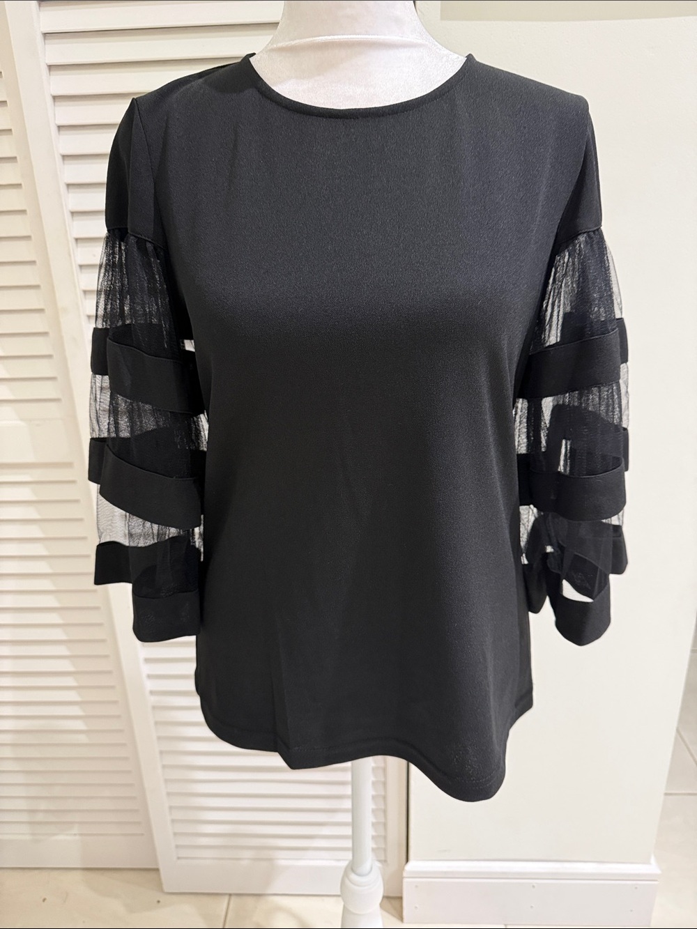 Gracia - Black Sheer Tiered Sleeve Women's Top, size S